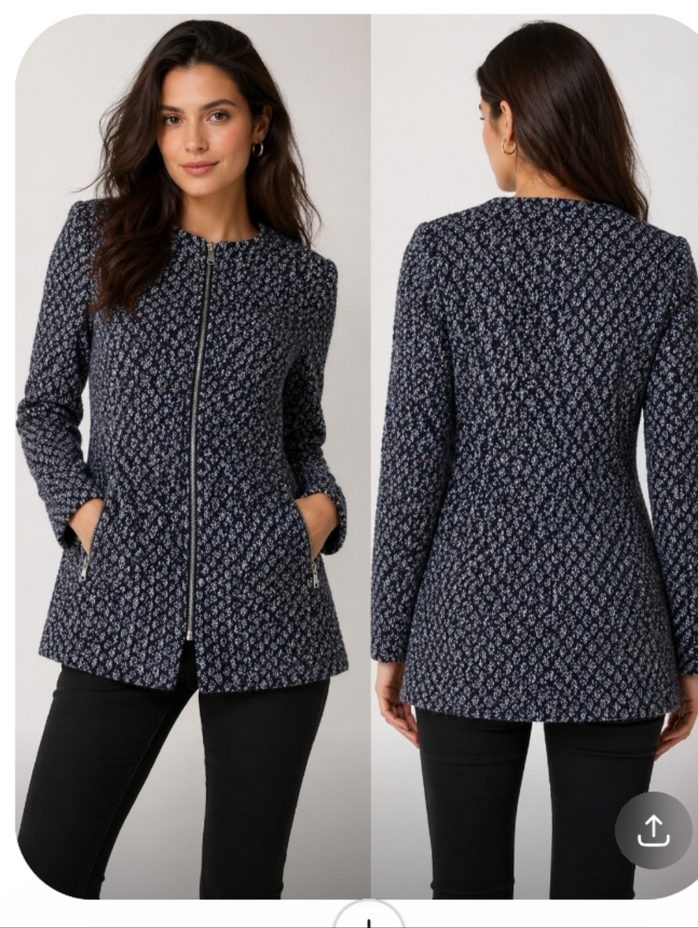 Zara Black & White Patterned Zip Jacket XS Textured Coat